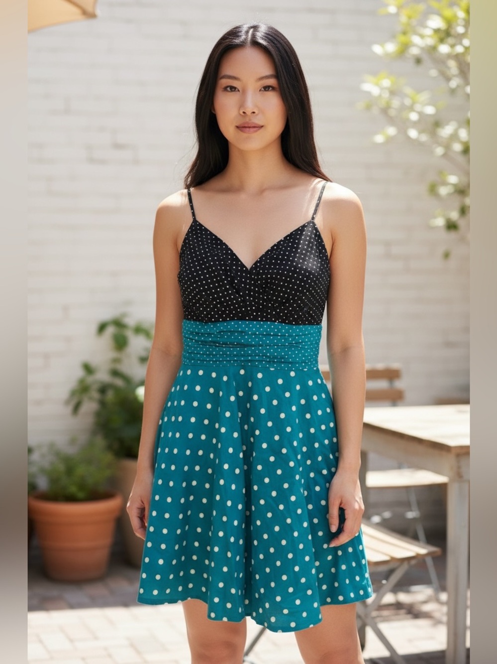 Vintage Black and Teal Polka Dot Woman Dress